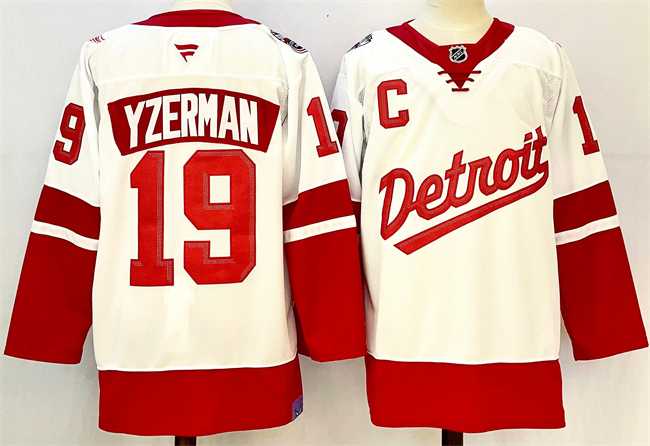 Mens Detroit Red Wings #19 Steve Yzerman White Red 2024-25 With C Patch Stitched Jersey